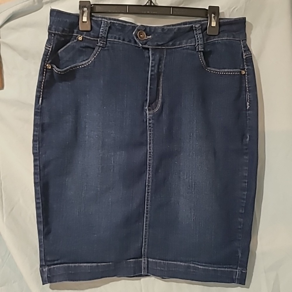 No Fuze Denim Blue Jean Pencil Skirt Women's Sz 16 Stretch Pockets Back Slit